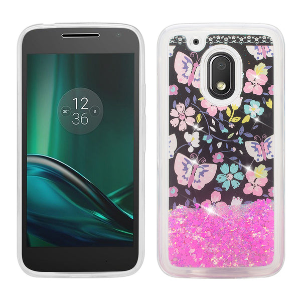moto g4 play liquid sparkle quicksand case - pink butterfly - www.coverlabusa.com