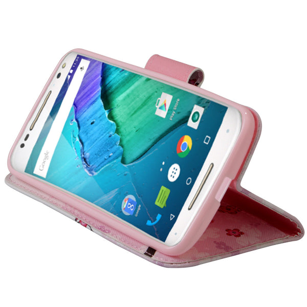 Motorola Moto X Style Wallet Case [Card Slots + Money Pocket + Kickstand] and Strap - Cherry Blossom