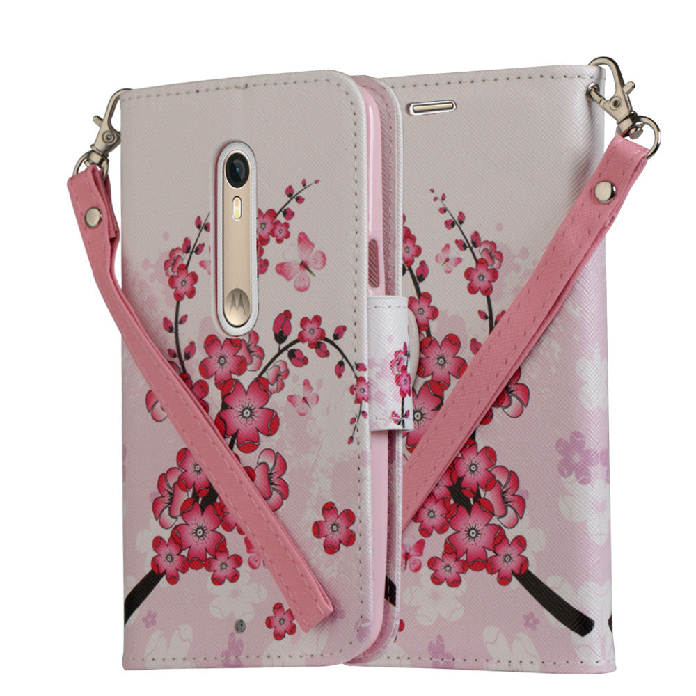 Motorola Moto X Style Wallet Case [Card Slots + Money Pocket + Kickstand] and Strap - Cherry Blossom