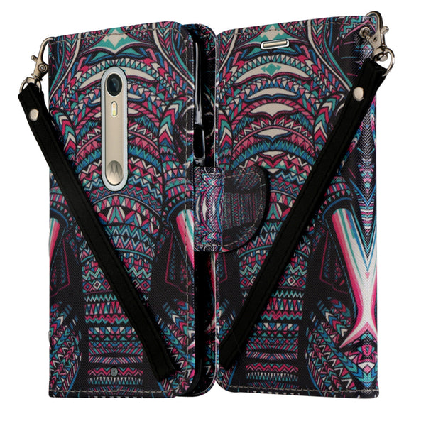 Motorola Moto X Style Wallet Case [Card Slots + Money Pocket + Kickstand] and Strap - Tribal Elephant