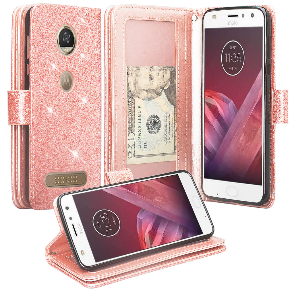 Motorola Moto Z2 Force Edition Glitter Wallet Case - Rose Gold - www.coverlabusa.com