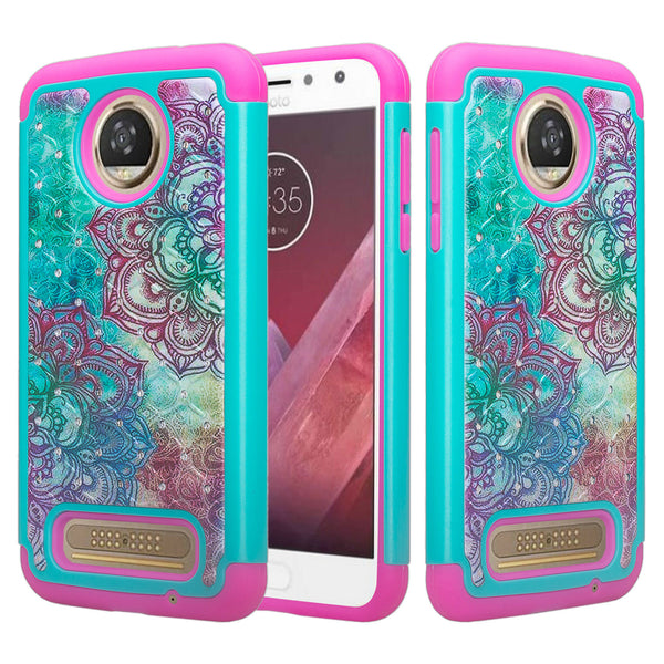 motorola z2 play case crystal rhinestone - teal flower - www.coverlabusa.com