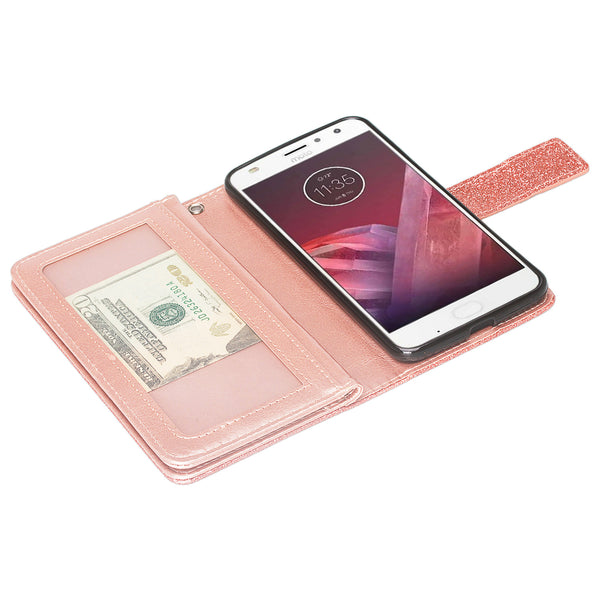 Motorola Moto Z2 Force Edition Glitter Wallet Case - Rose Gold - www.coverlabusa.com