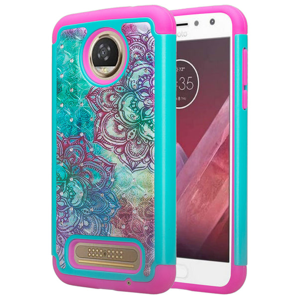 motorola z2 play case crystal rhinestone - teal flower - www.coverlabusa.com