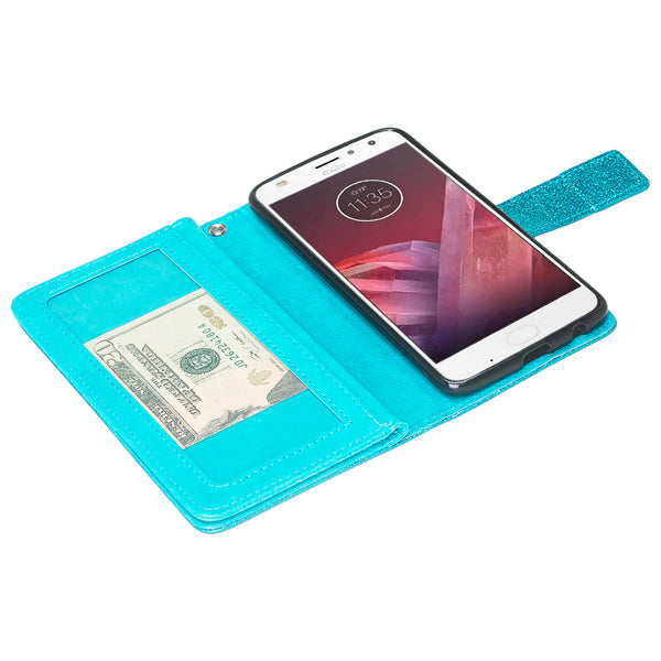 Motorola Moto Z2 Play Glitter Wallet Case - Teal - www.coverlabusa.com