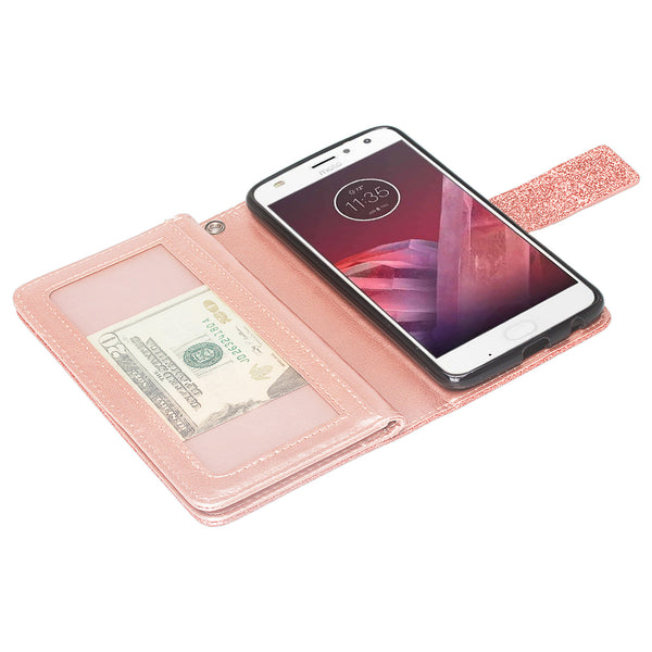 Motorola Moto Z2 Play Glitter Wallet Case - Rose Gold - www.coverlabusa.com