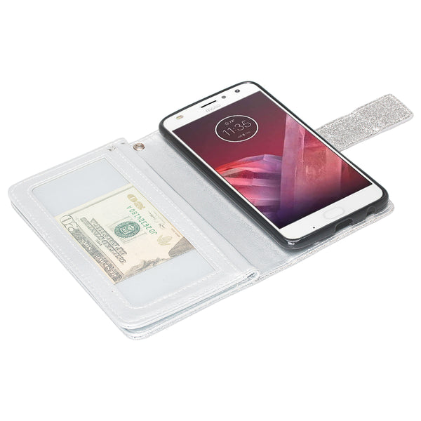 Motorola Moto Z2 Play Glitter Wallet Case - Silver - www.coverlabusa.com
