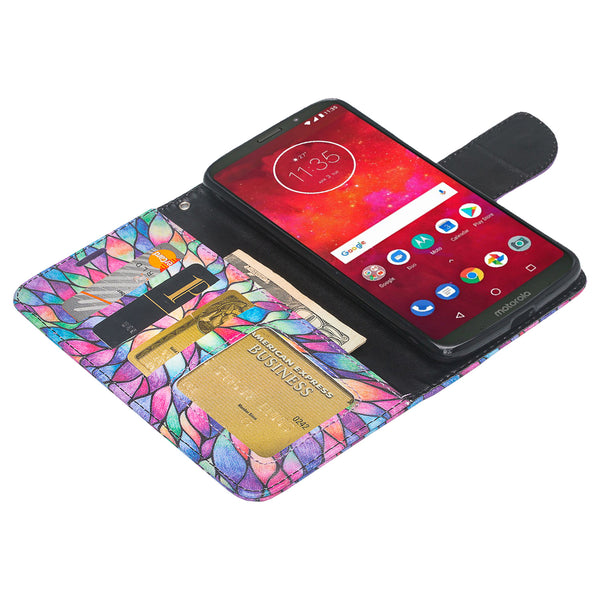 Motorola Moto Z3 Play leather wallet case - rainbow flower - www.coverlabusa.com