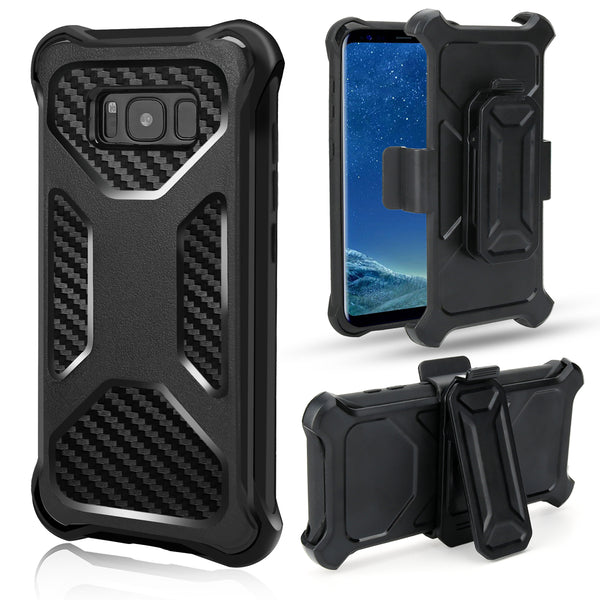 Samsung Galaxy Note 8 Case, Rugged Carbon Fiber Holster Combo Kickstand Clip Case Cover - Black