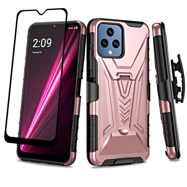 For T-Mobile REVVL 6 5G Case with Tempered Glass Screen Protector Heavy Duty Protective Phone Case,Built-in Kickstand Rugged Shockproof Protective Phone Case - Rose Gold