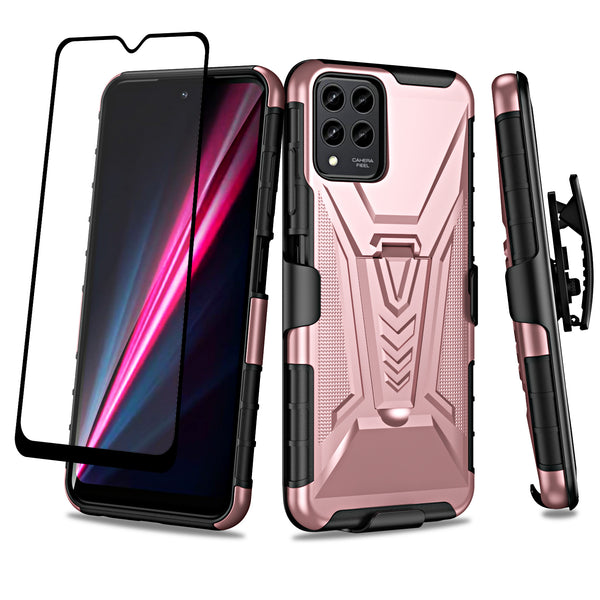 For T-Mobile REVVL 6 Pro 5G Case with Tempered Glass Screen Protector Heavy Duty Protective Phone Case,Built-in Kickstand Rugged Shockproof Protective Phone Case - Rose Gold