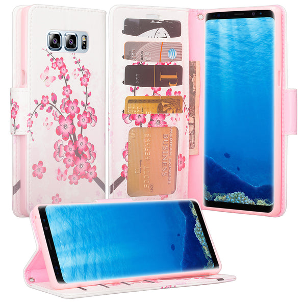 Samsung Galaxy Note 8 Case, Galaxy Note 8 Wallet Case, Slim Flip Folio [Kickstand] Pu Leather Wallet Case with ID & Card Slots & Pocket + Wrist Strap - Cherry Blossom