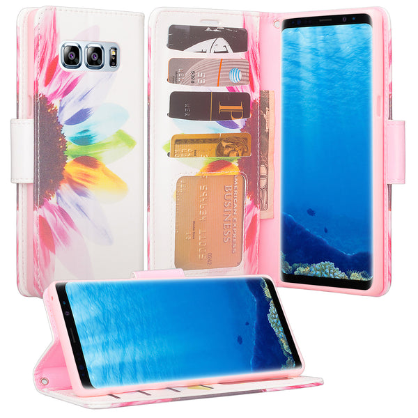 Samsung Galaxy Note 8 Case, Galaxy Note 8 Wallet Case, Slim Flip Folio [Kickstand] Pu Leather Wallet Case with ID & Card Slots & Pocket + Wrist Strap - Vivid Sunflower
