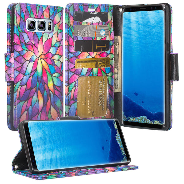 Samsung Galaxy Note 8 Case, Galaxy Note 8 Wallet Case, Slim Flip Folio [Kickstand] Pu Leather Wallet Case with ID & Card Slots & Pocket + Wrist Strap - Rainbow Flower