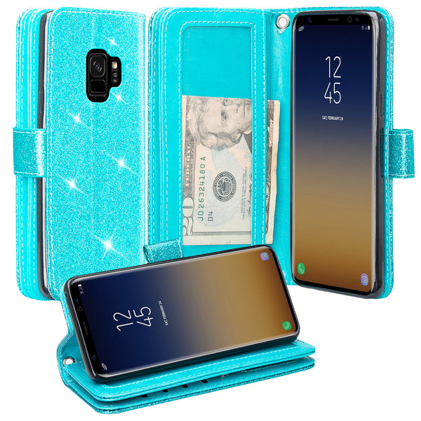 Samsung Galaxy S9 Glitter Wallet Case - Teal - www.coverlabusa.com
