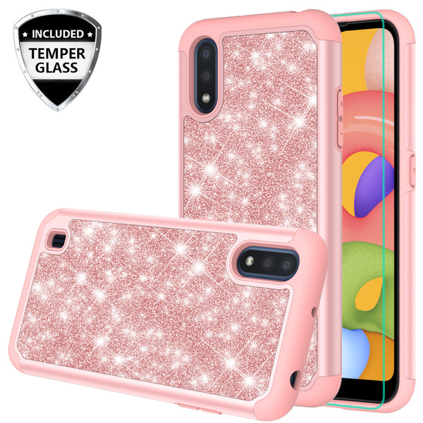 samsung galaxy a01 glitter hybrid case - rose gold- www.coverlabusa.com