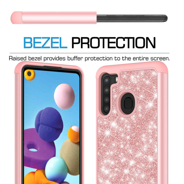 Samsung Galaxy A21 Case, Glitter Bling Heavy Duty Shock Proof Hybrid Case with [HD Screen Protector] Dual Layer Protective Phone Case Cover for Samsung Galaxy A21 - Rose Gold