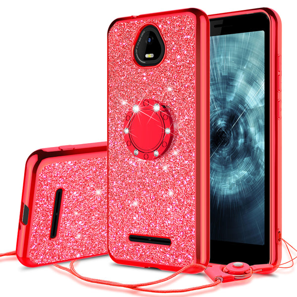 For Boost Schok Volt SV55 Case, Glitter Cute Phone Case Girls with Kickstand,Bling Diamond Rhinestone Bumper Ring Stand Sparkly Luxury Clear Thin Soft Protective Boost Schok Volt SV55 Case for Girl Women - Red