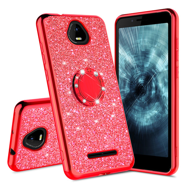 For Boost Schok Volt SV55 Case, Glitter Cute Phone Case Girls with Kickstand,Bling Diamond Rhinestone Bumper Ring Stand Sparkly Luxury Clear Thin Soft Protective Boost Schok Volt SV55 Case for Girl Women - Red