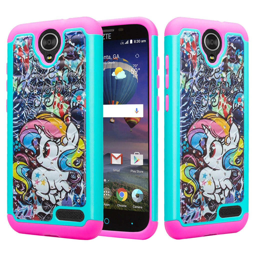 zte grand x3 case crystal rhinestone - rainbow unicorn - www.coverlabusa.com