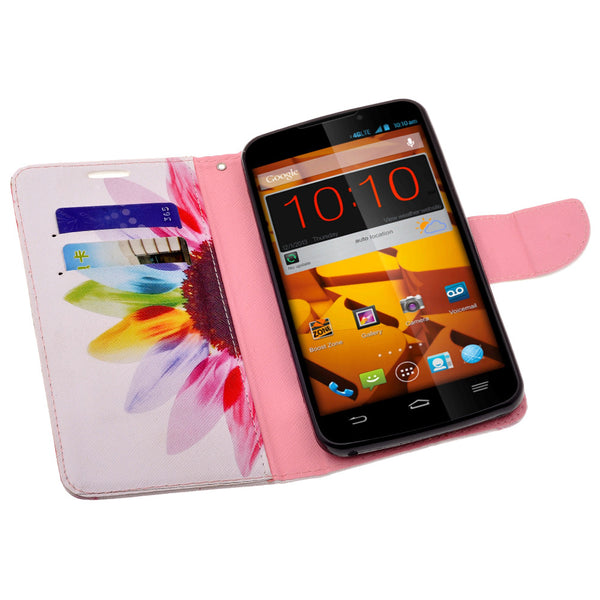 ZTE Max Wallet Case [Card Slots + Money Pocket + Kickstand] and Strap - Vivid Sunflower