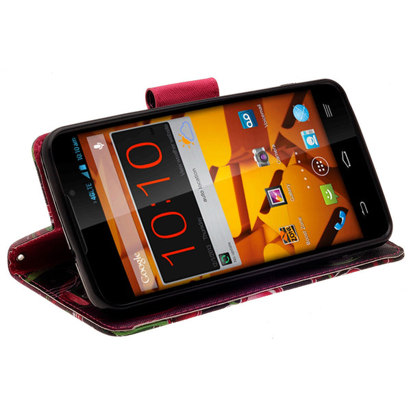 ZTE Max Wallet Case [Card Slots + Money Pocket + Kickstand] and Strap - Heart Strings