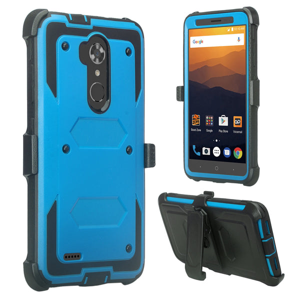 ZTE Max XL, ZTE Blade Max 3, Zmax Pro 2 Tri-Layer Full Coverage[Built-in Kickstand] Shock Resistant Hybrid Holster Clip Case - Blue