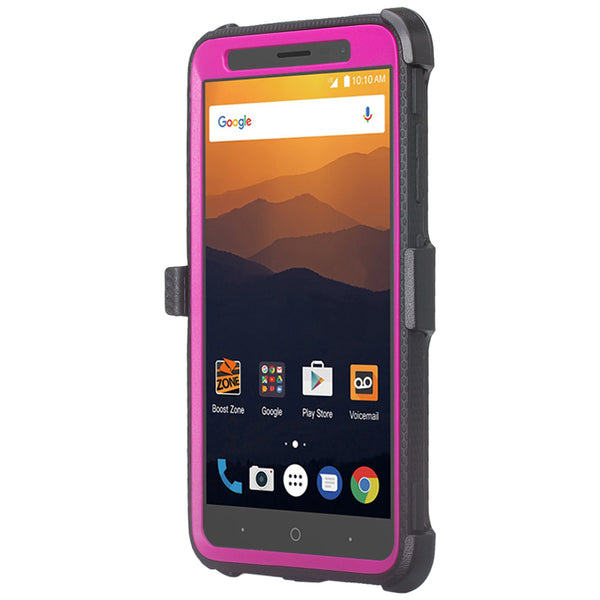 ZTE Max XL, ZTE Blade Max 3, Zmax Pro 2 Tri-Layer Full Coverage[Built-in Kickstand] Shock Resistant Hybrid Holster Clip Case - Purple