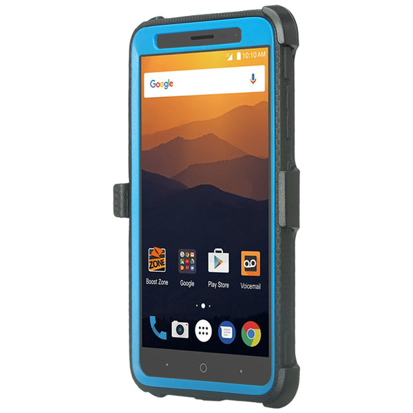 ZTE Max XL, ZTE Blade Max 3, Zmax Pro 2 Tri-Layer Full Coverage[Built-in Kickstand] Shock Resistant Hybrid Holster Clip Case - Blue