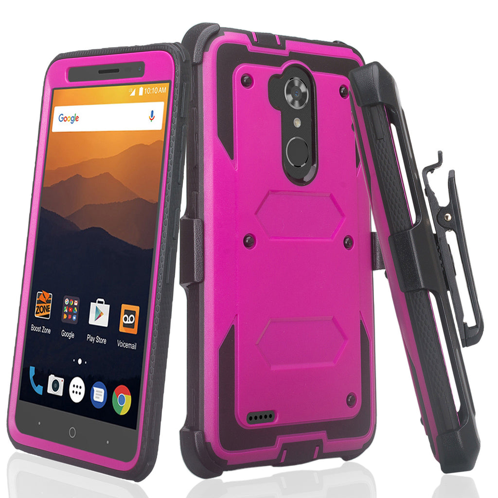 ZTE Max XL, ZTE Blade Max 3, Zmax Pro 2 Tri-Layer Full Coverage[Built-in Kickstand] Shock Resistant Hybrid Holster Clip Case - Purple