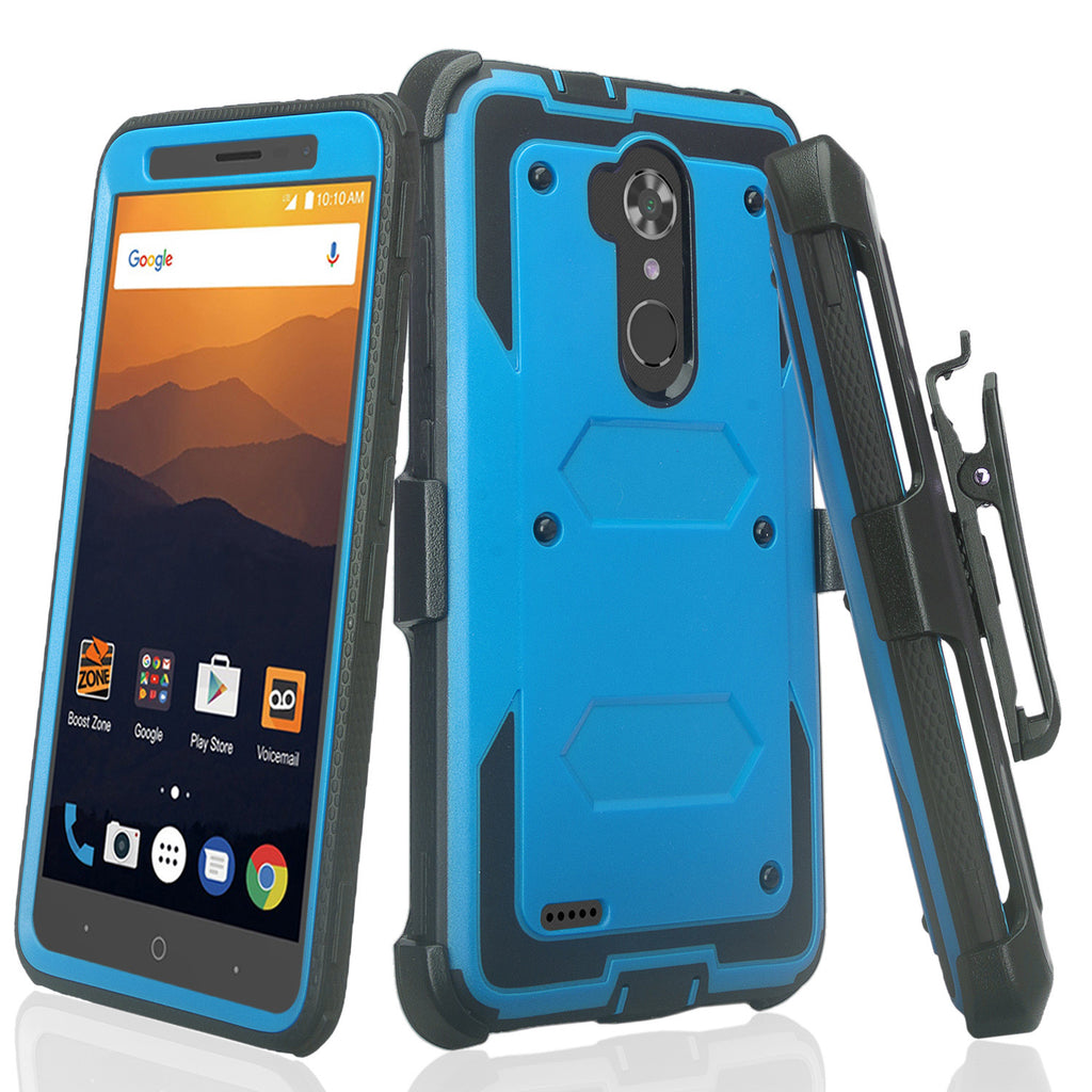 ZTE Max XL, ZTE Blade Max 3, Zmax Pro 2 Tri-Layer Full Coverage[Built-in Kickstand] Shock Resistant Hybrid Holster Clip Case - Blue