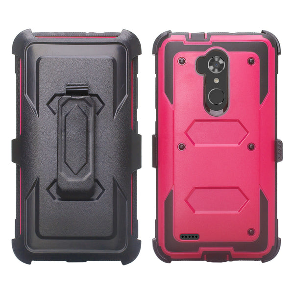 ZTE Max XL, ZTE Blade Max 3, Zmax Pro 2 Tri-Layer Full Coverage[Built-in Kickstand] Shock Resistant Hybrid Holster Clip Case - Hot Pink