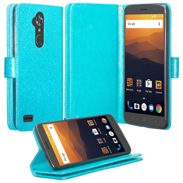 ZTE Max XL/ZTE Blade Max 3 Case/ZTE Zmax Pro 2 Glitter Wallet Case - Teal - www.coverlabusa.com