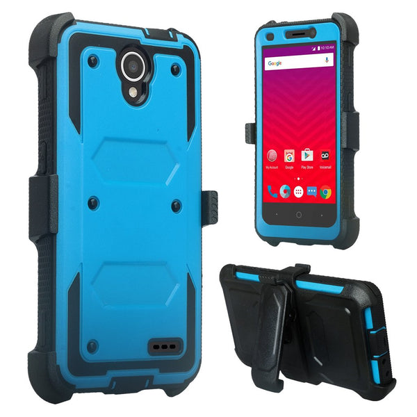 ZTE Prestige 2, Overture 3, Maven 3, Prelude Plus, ZTE 9136, Midnight Pro, Rugged Full-Body, Built-in Screen Protector, Heavy Duty Holster Combo Case Cover - Blue