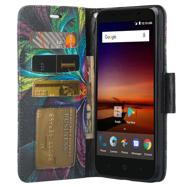 ZTE Blade Force Wallet Case [Card Slots + Money Pocket + Kickstand] and Strap - Feather
