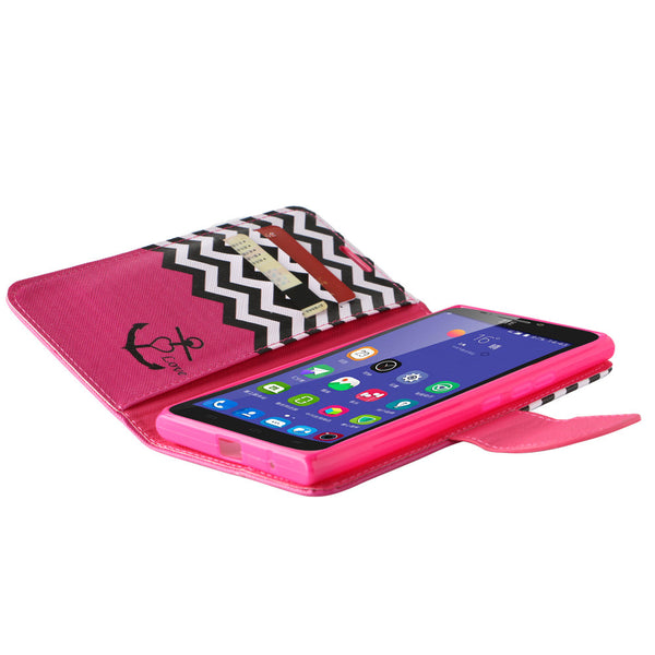 ZTE Warp Elite Wallet Case [Card Slots + Money Pocket + Kickstand] and Strap - Hot Pink Anchor