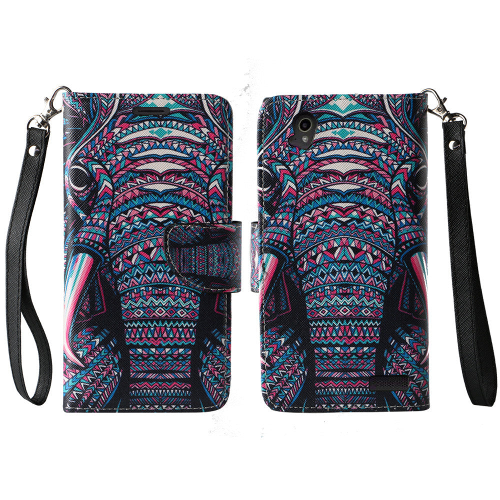 ZTE Warp Elite Wallet Case [Card Slots + Money Pocket + Kickstand] and Strap - Tribal Elephant