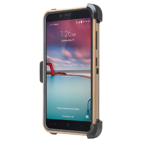 ZTE Max XL, ZTE Blade Max 3, Max Blue, Triple Layer [Built-in Kickstand] Shock Resistant Hybrid Holster Clip Case Cover - Gold
