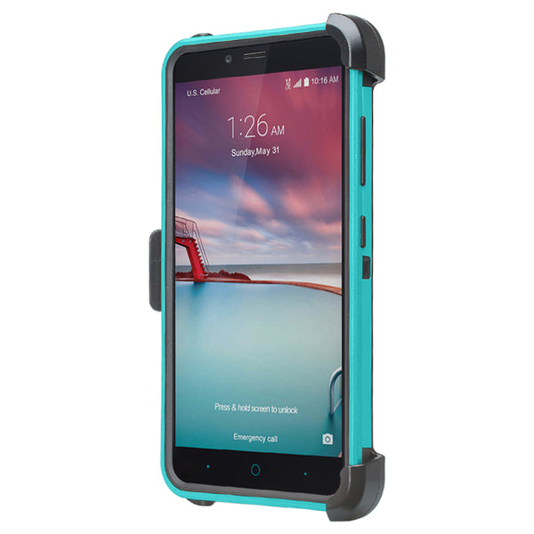 ZTE Max XL, ZTE Blade Max 3, Max Blue, Triple Layer [Built-in Kickstand] Shock Resistant Hybrid Holster Clip Case Cover - Teal
