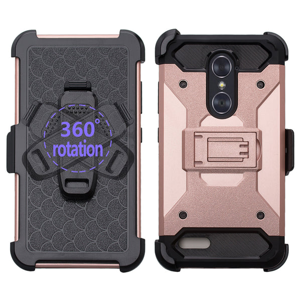 ZTE Max XL, ZTE Blade Max 3, Max Blue, Triple Layer [Built-in Kickstand] Shock Resistant Hybrid Holster Clip Case Cover - Rose Gold